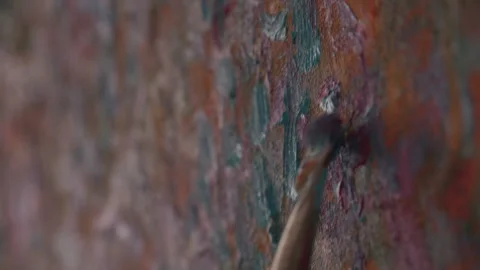 Close Up of Brush Applying Paint to Canvas, Creating Abstract Artwork Видео 330882111
