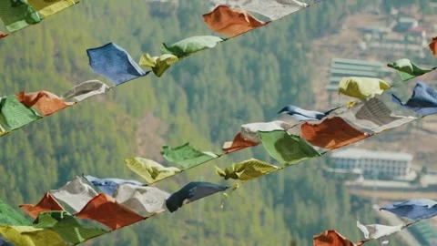 Close-Up of Buddhist Prayer Flags Fluttering in Slow Motion in Bhutan Stock Footage 342141835