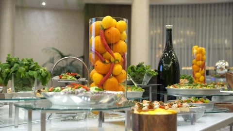 Close-up of a buffet table in a restaurant. Close-up of buffet food. Stock Footage 269932587