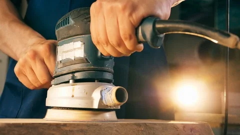 Close up of the buffing machine while processing wood Stock Footage 113513777