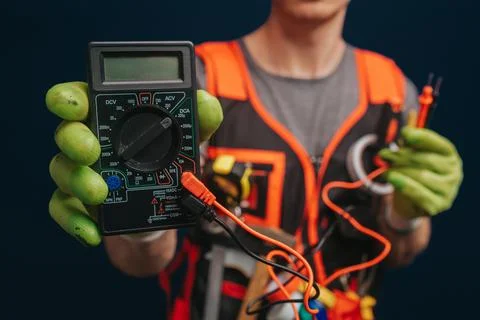 Close up builder is holding digital multimetert in gloves, isolated over blue Stock Photos