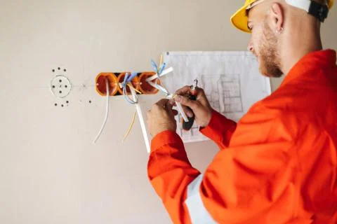 Close up builder in orange work clothes and yellow hardhat worki Stock Photos