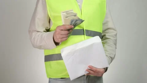 Close-up of a builders hands receiving cash payment from an envelope. Stock Footage 314641509