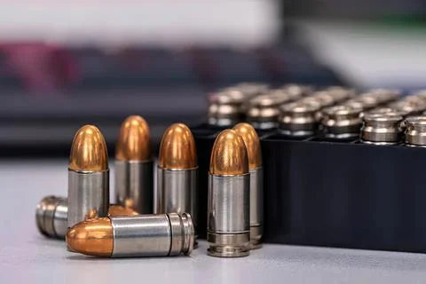 Close-up of bullets and ammunition in a box Stock Photos