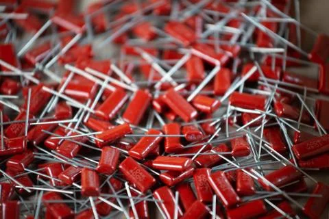 Close-up of a bunch of red capacitors Stock Photos