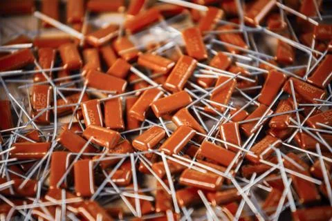Close-up of a bunch of red capacitors Stock Photos