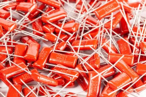 Close-up of a bunch of red capacitors Foto stock