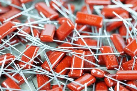 Close-up of a bunch of red capacitors Foto stock