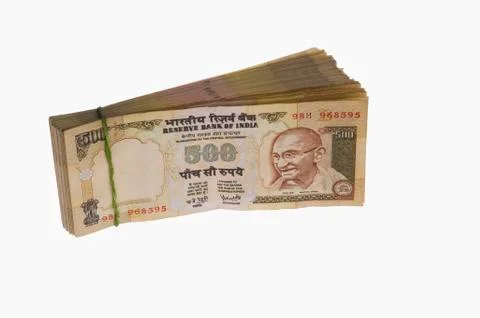 Close-up of a bundle of Indian five hundred rupee notes Foto stock