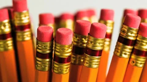 Close up of a bundle of lead pencils showing erasers Stock Footage 20544532