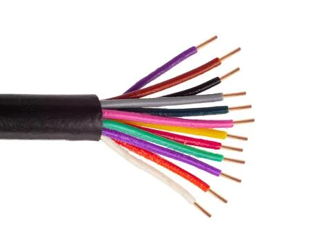 Close up of a bundle of multicolored electrical wires with exposed copper ends Foto stock