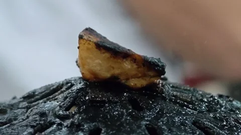 Close up of burned Thai grilled BBQ pan. Carcinogenic and cancer. Stock Footage 306992442