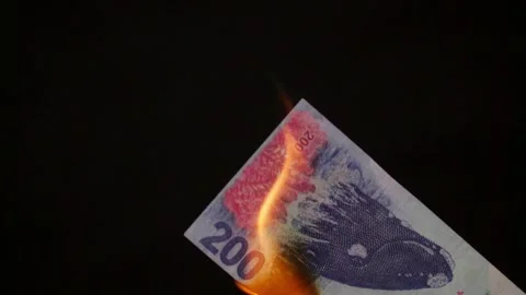 Close-up of a burning Argentinian 200 pesos bill illustrating the rising Video stock 249303448