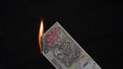 Close-up of a burning Argentinian 500 pesos bill illustrating the rising Video stock 249303464
