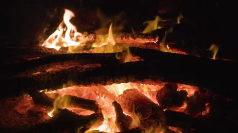 Close Up of Burning Campfire with Glowing Embers and Flickering Flames at Night. Stock Footage 338378488