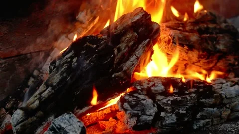 Close up burning campfire logs with bright glowing flames and embers Video stock 341878323