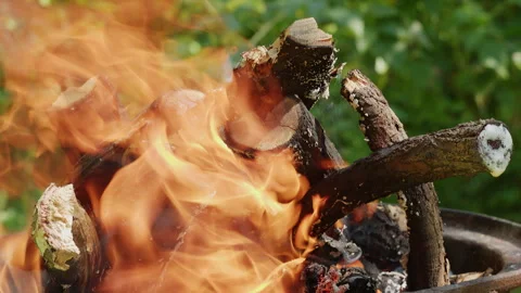 Close up of burning campfire logs with bright orange flames and smoke 動画素材 342376385
