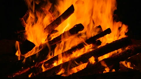 Close-up burning camping fire in the night. Stock Footage 85892727