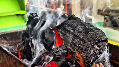 Close-Up of Burning Charcoal with White Smoke and Red Flame. 4K Video stock 290296474