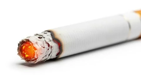 Close up of a burning cigarette with bright orange glowing ember and white .. Stock Illustration