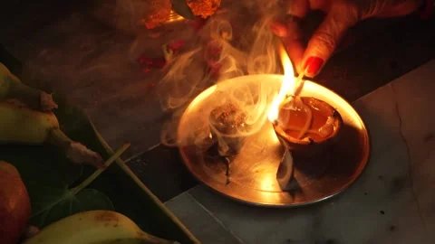 Close Up of Burning Diya During Religious Ritual in India, Diwali concept Видео 330572558