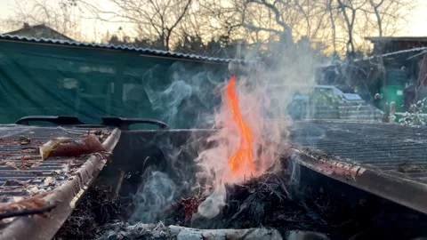 Close-Up Burning Fire and Rising  Smoke in Rustic Backyard Scene Stock Footage 321756488
