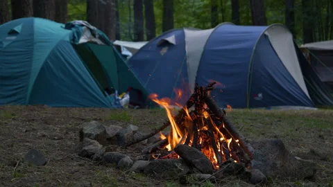 CLOSE UP: Burning fire glows at campsite with flames dancing above stacked logs Stock Footage 308197915