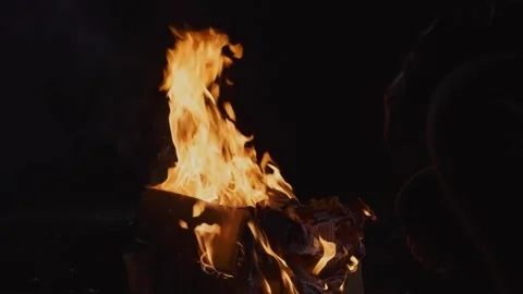 Close up of burning fire in the night. Campfire in slow motion. Stock Footage 145922186