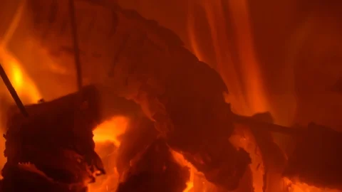 Close-up of a burning fireplace in a brick fireplace. Slow motion Stock Footage 104022137
