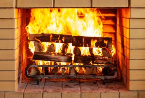 Close up of burning fireplace at home Stock Photos