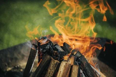 Close-up of burning firewood in a fire pit with vibrant flames and smoke ri.. Stock Photos