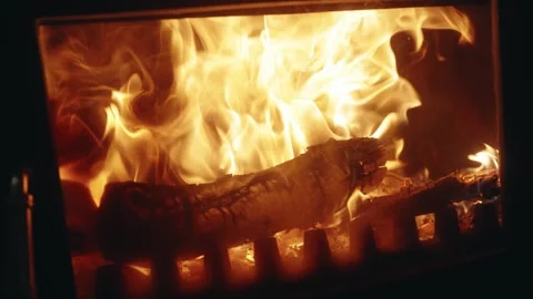 Close-Up of Burning Firewood Flames in a Fireplace, Slow Motion Stock Footage 342343172