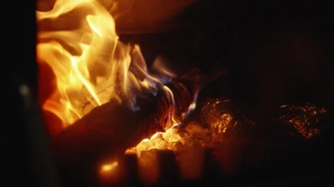 Close-up of Burning Firewood Inside a Stove, Slow Motion Stock Footage 342393068