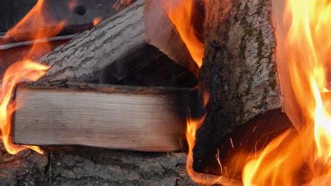 Close up of burning logs in a campfire with bright orange flames Stock Photos