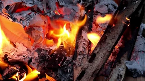 Close-up of burning material in a fire, likely cardboard or paper. Stock Footage 332410772