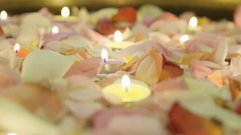 Close-up of burning tealight candles floating in water with rose petals. Diwali. Stock Footage 321816707