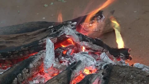 Close-up of Burning Wood Fire with Glowing Embers and White Ash, bright ora.. Stock Footage 332484823