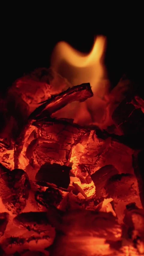 Close-up of burning wood in the oven. The process of gorenje and smoldering. Stock Footage 267647395