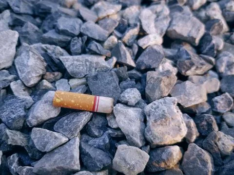 Close-up Burnt Cigarette Leftover on Small Stones Stock Photos