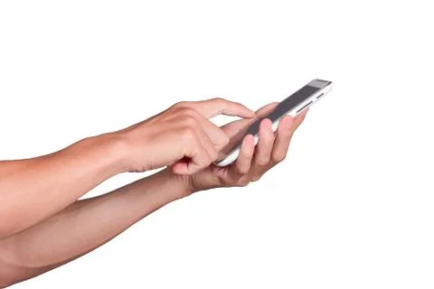 Close up of business man using mobile smart phone isolated on white background Foto stock