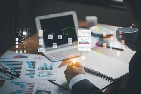 Close up of businessman analyzing complex digital data flowchart and statis.. 스톡 사진