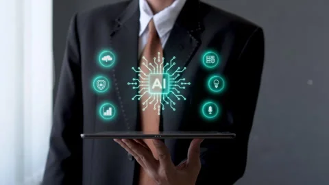 Close up of Businessman typing on laptop while visualization of artificial Video stock 345843825