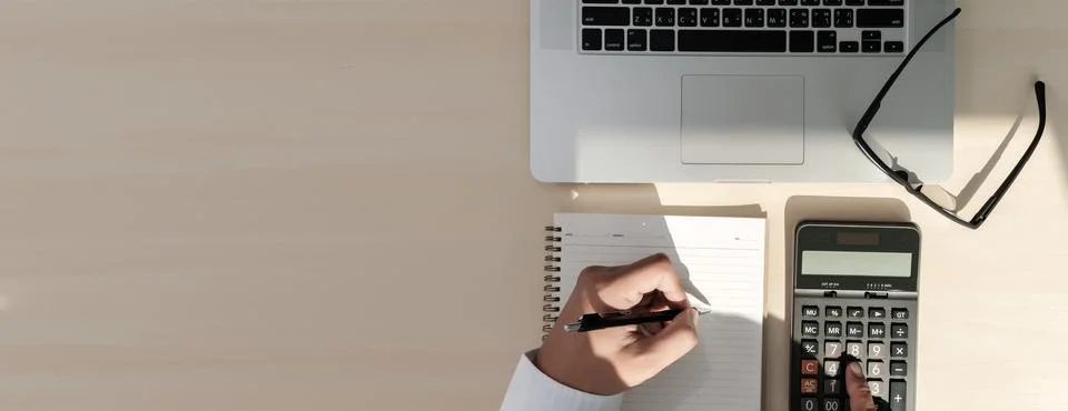 Close up businessman using calculator on documents Unrecognizable finance  us Stock-Fotos