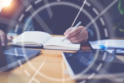 Close up Businessman using laptop computer searching about digital asset in 写真素材