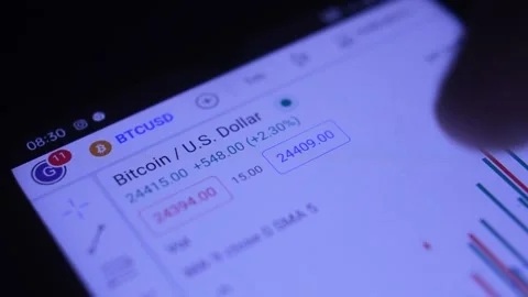 Close-up businessman's hand study bitcoin cryptocurrency price. 스톡 동영상 204839848