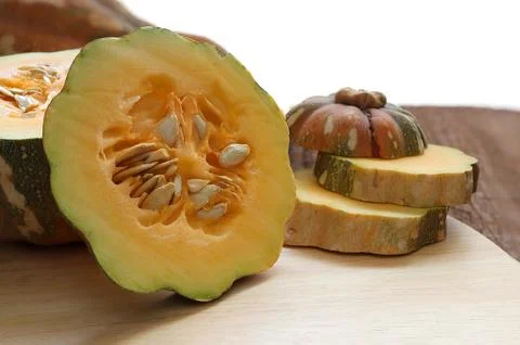 Close up of Butternut squash, pumpkin squash with spices for cooking on wooden Stock Photos