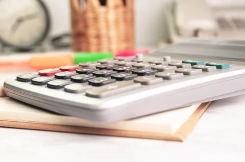 Close up the button of calculator at office concept equipment Photos