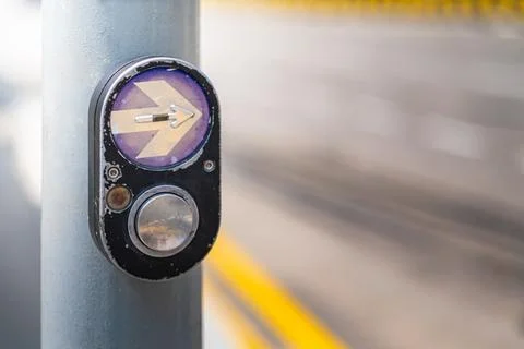 Close up button at traffic lights on pedestrian crossing Stock Photos