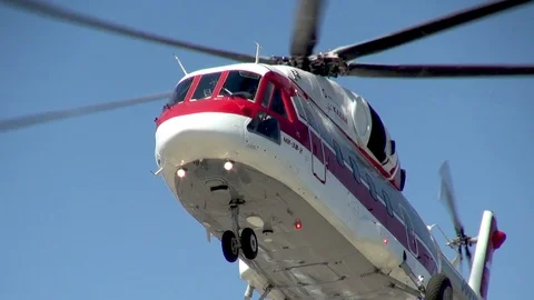 Close-up of the cabin and main rotor blades helicopter Mi-38. Bottom view. Stock Footage 106062565
