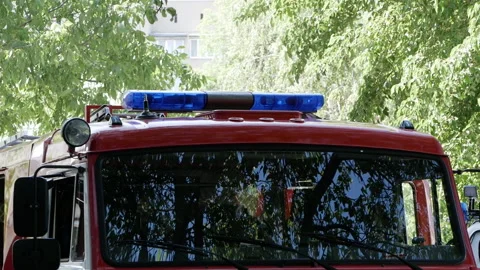 Close up of cabin of fire engine with flashing light. Russia, Stavropol, 1.05.20 Stock Footage 144778731